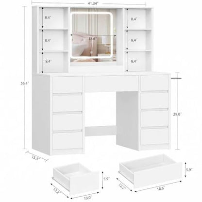 Large White Makeup Vanity Desk with Charging Station & 9 Drawers | Smart LED Mirror,7 Open Storage Shelves,Hairdryer Rack,Girls Vanity for Bedroom