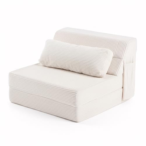 Folding Sofa Bed with Pillow, Convertible Sleeper Chair, Comfy Floor Futon Couch Mattress Lounge Sofa for Adults Portable Fold Out Chair Bed for Living Room Bedroom, Single, Beige - color: Beige