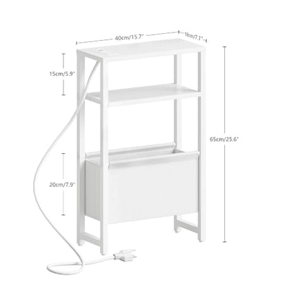 Narrow Side Table with Charging Station Slim End Table Sofa with Magazine Rack, Bedside Table for Small Spaces, 3 Tier Nightstand for Living Room Couch, Bedroom White LET503WE - color: White, style: With Charging Station