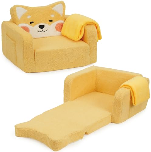 Foryoomi Upgraded Kids Couch, 2-in-1 Soft Top-Flip Fold Out with Blanket, Comfy Convertible Plush Sofa Chair, Great Gifts for Little Ones, Dog - color: Dog