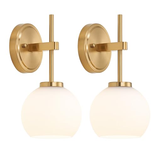 Gold Battery Operated Wall Sconce Set of 2, Wireless Rechargeable Sconces Wall Lighting with Remote Control, LED Dimmable Wall Lights with Opal White Glass Shade, 12 Colors RGB & 3 CCT Bulb - color: Gold & Opal Glass, size: Battery 12 Inch
