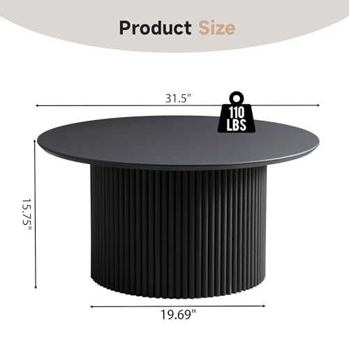 31.5" Round Coffee Table, Modern Fluted Accent Center Table with Metal Frame, Wooden Circle Coffee Tables for Living Room Small Space or Office (Black) - color: Black 31.5" Round