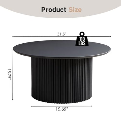 31.5" Round Coffee Table, Modern Fluted Accent Center Table with Metal Frame, Wooden Circle Coffee Tables for Living Room Small Space or Office (Black) - color: Black 31.5" Round