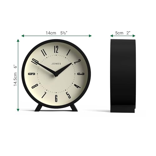 JONES CLOCKS® Venus Desk Clock | Modern Round Design | Black | Stylish Retro Look for Shelf, Table, Mantel or Bedside - color: Black