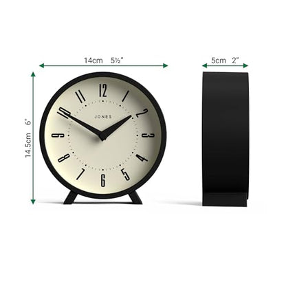 JONES CLOCKS® Venus Desk Clock | Modern Round Design | Black | Stylish Retro Look for Shelf, Table, Mantel or Bedside - color: Black