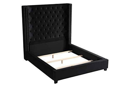 Jaclyn Upholstered Low-Profile Platform Bed Frame, Black - Queen | Velvet Fabric, 70" Tall Straight Edge Headboard, Button Tufting, Nailhead Trim, Transitional Style - color: Black, size: Queen (U.S. Standard)