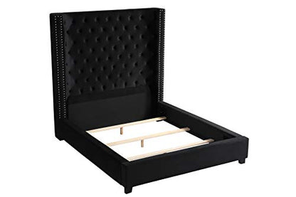 Jaclyn Upholstered Low-Profile Platform Bed Frame, Black - Queen | Velvet Fabric, 70" Tall Straight Edge Headboard, Button Tufting, Nailhead Trim, Transitional Style - color: Black, size: Queen (U.S. Standard)