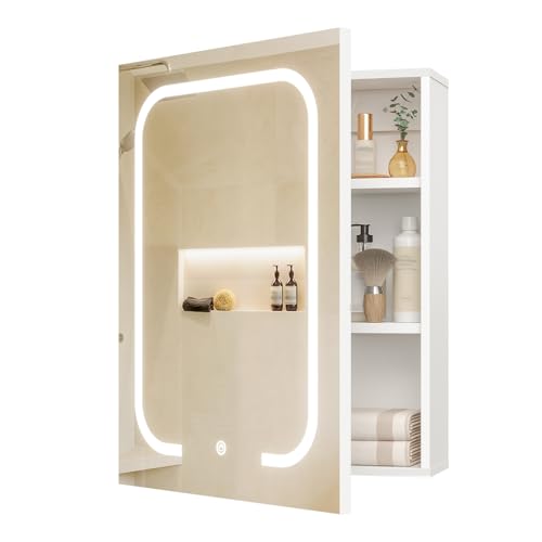 Lighted Bathroom Medicine Cabinet with Mirror, LED Bathroom Vanity Mirror with Storage, 3 Color Temperatures, Wall Mounted Bathroom Cabinet, Adjustable Shelves, Touch-Sensitive Control, White