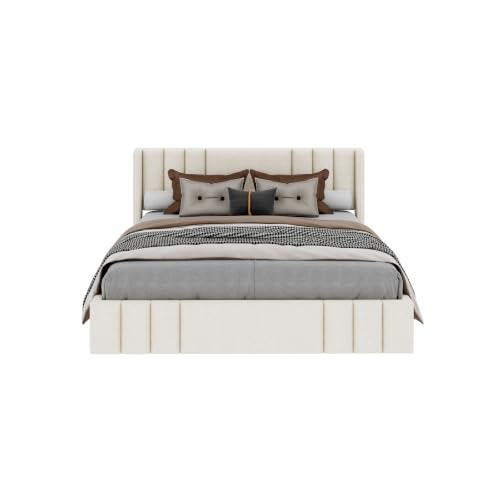 VilroCaz Queen Size Linen Upholstered Platform Bed Frame with Thick Fabric Headboard, No Box Spring Needed (Beige-6.17, Queen) - color: Beige-6.17, size: Queen