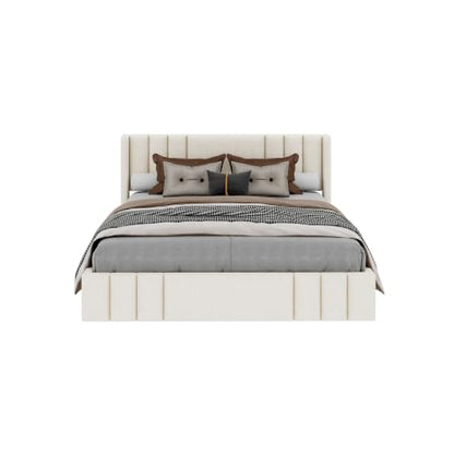 VilroCaz Queen Size Linen Upholstered Platform Bed Frame with Thick Fabric Headboard, No Box Spring Needed (Beige-6.17, Queen) - color: Beige-6.17, size: Queen