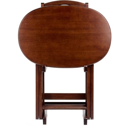 Pemberly Row 5-Piece Solid Wood Snack Table Set, Oval Shape, Cappuccino Finish, Includes Storage Stand, Portable Folding Tables for Living Room or Home Office