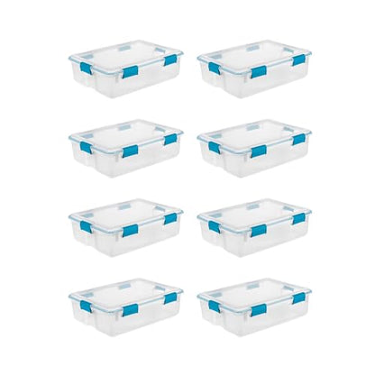 Sterilite Gasket Storage Box with Lids for Home & Office, 37 Quart, 8-Pack | Heavy-Duty, Stackable, and Organizing Containers for Bathroom, Cabinet, Closet, and Garage, Clear and Blue Aquarium Latches - size: 37 Quart, style: 8 Pack