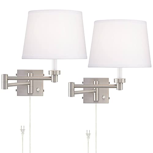 Vero Brushed Nickel Swing Arm Plug-In USB Wall Lamps Set of 2 Light Fixture | Modern Charging Port White Hardback Drum Shade for Bedroom Bedside Living Room Reading House