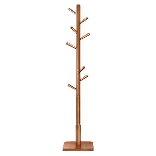 VASAGLE Solid Wood Coat Rack, Free Standing Hall Coat Tree with 8 Hooks, 3 Height Options, for Coats, Hats, Bags, Purses, for Entryway, Hallway, Rubberwood Hooks and Pole, Dark Walnut URCR010W01 - color: Dark Walnut, style: Square Base + Cylindrical Hooks