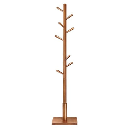 VASAGLE Solid Wood Coat Rack, Free Standing Hall Coat Tree with 8 Hooks, 3 Height Options, for Coats, Hats, Bags, Purses, for Entryway, Hallway, Rubberwood Hooks and Pole, Dark Walnut URCR010W01 - color: Dark Walnut, style: Square Base + Cylindrical Hooks