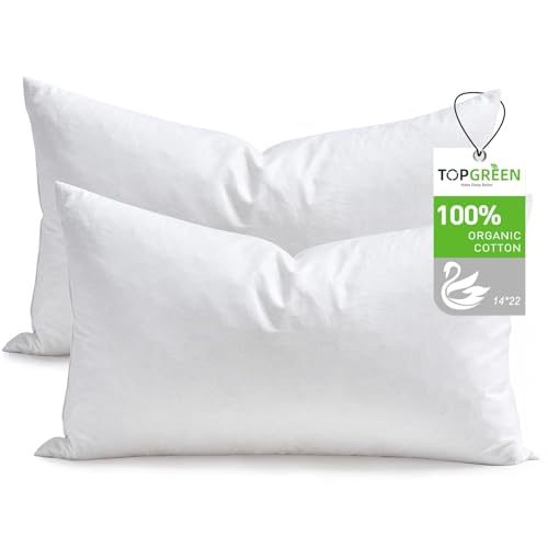 TOPGREEN Ogranic Feather Down Lumbar Pillow Insert 14x22, Pack of 2, White | 100% Organic and Double-Layer Down-Proof Cotton Cover, Ethical-Sourced Feather Down Filling, Soft Yet Supportive - size: 14x22 Inch
