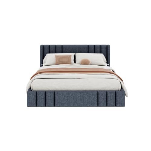 VilroCaz Queen Size Linen Upholstered Platform Bed Frame with Thick Fabric Headboard, No Box Spring Needed (Gray-6.17, Queen) - color: Gray-6.17, size: Queen