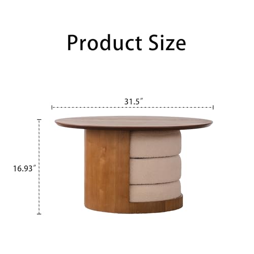 31.5" Round Coffee Table with 3 Teddy Fabric Nesting Stools, Rustic Farmhouse Multifunctional Center Table Set with Hidden Storage, Tea Table for Living Room, Easy Assembly - Walnut - color: 31.5" Coffee Table With 3 Nesting Stools