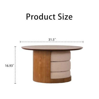 31.5" Round Coffee Table with 3 Teddy Fabric Nesting Stools, Rustic Farmhouse Multifunctional Center Table Set with Hidden Storage, Tea Table for Living Room, Easy Assembly - Walnut - color: 31.5" Coffee Table With 3 Nesting Stools