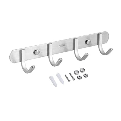 Coat Hook Wall Mount - Towel Hook Rack with 4 Hooks 11-inch Hanger for Hanging Clothes, Bags, Keys, Easy to Install Rail for Bedroom, Bathroom, Entryway, Door, 304 Stainless Steel Brushed Nickel - size: 4S hooks