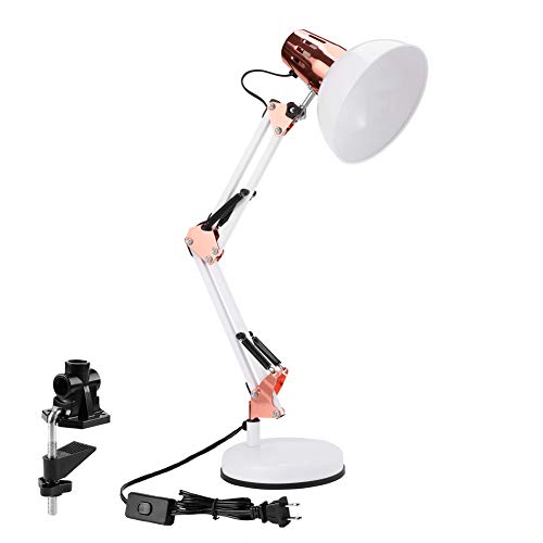 PowerKing Metal Swing Arm Desk Lamps with Base & Clamp, White Rose Gold | Adjustable Architect Lamp, On Off Switch, Fits E26 E27 Bulbs, Eye-Caring Reading Light, for Home Office Work Study - color: White Rose Gold
