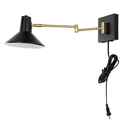 JONATHAN Y Hygge 1-Light Modern Swing Arm USB Sconce 8", Black/Brass Gold | Metal Construction, Plug-In Midcentury Bedside Wall Lamp, Cone Shade, Adjustable Head, LED Bulb Included - color: Black/Brass Gold