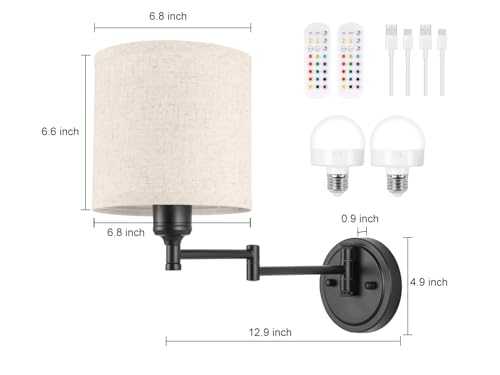GOODATE Battery Operated Wall Sconce with Remote Control, 15 Colors Dimmable Wireless Wall Sconces Set of Two, Rechargeable Cordless Wall Sconce Light, Swing Arm Wall Lamp with Linen Fabric Shade