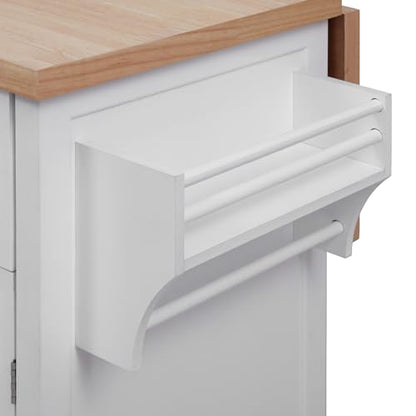 56.5'' Kitchen Island with Drop Leaf, Power Outlet, Embossed Vertical Stripe Rolling Kitchen Cart on Wheels with Deep Drawers and Adjustable Shelves (White/D) - color: White/D)