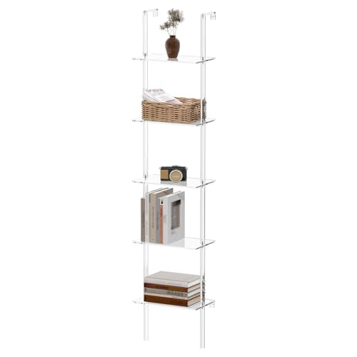 Small Acrylic Ladder Bookshelf, 9.5" D x 15.6" W, 5-Tier Clear Wall Mounted Book Shelf for Small Spaces, Multipurpose Bookcase for Living Room, Bathroom, Office, Modern, 73" H - size: 5-Tier