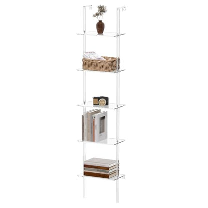 Small Acrylic Ladder Bookshelf, 9.5" D x 15.6" W, 5-Tier Clear Wall Mounted Book Shelf for Small Spaces, Multipurpose Bookcase for Living Room, Bathroom, Office, Modern, 73" H - size: 5-Tier