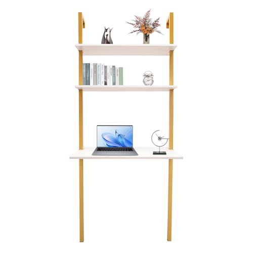 Industrial Wall Mount Desk, 3-Tier Ladder Computer Desk, 30inch Floating Computer Writing Table with Storage Shelves for Home Office Small Spaces (Gold+White) - color: Gold+white