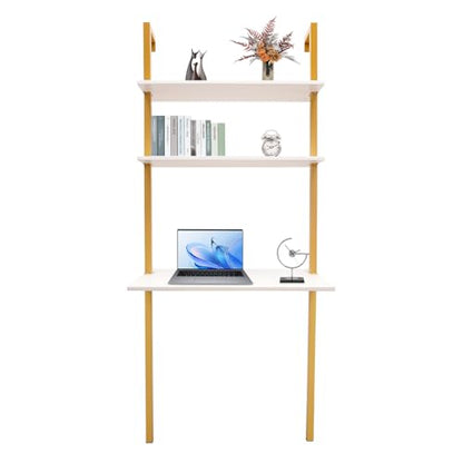 Industrial Wall Mount Desk, 3-Tier Ladder Computer Desk, 30inch Floating Computer Writing Table with Storage Shelves for Home Office Small Spaces (Gold+White) - color: Gold+white