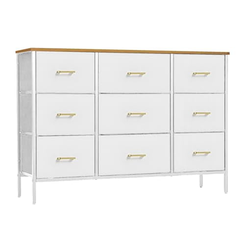 VASICAR Wide TV Stand Modern TV Console, 9 Drawers Dresser for Bedroom | Fabric Storage Cabinet, Chest of Drawers for Closet, Nursery, Living Room（Classic White） - color: White-retro Top