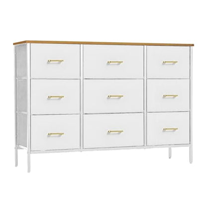 VASICAR Wide TV Stand Modern TV Console, 9 Drawers Dresser for Bedroom | Fabric Storage Cabinet, Chest of Drawers for Closet, Nursery, Living Room（Classic White） - color: White-retro Top