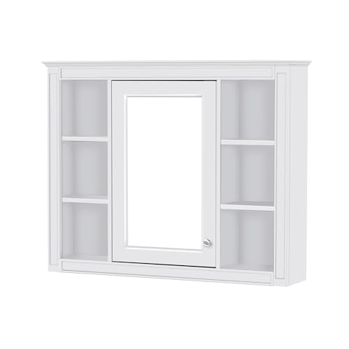 Wall Mounted Medicine Cabinet, Bathroom Storage Cabinet with Mirror Door and 6 Adjustable Open Shelf (7.3" D x 35" W x 27.5" H) (White) - color: White