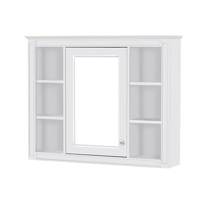 Wall Mounted Medicine Cabinet, Bathroom Storage Cabinet with Mirror Door and 6 Adjustable Open Shelf (7.3" D x 35" W x 27.5" H) (White) - color: White