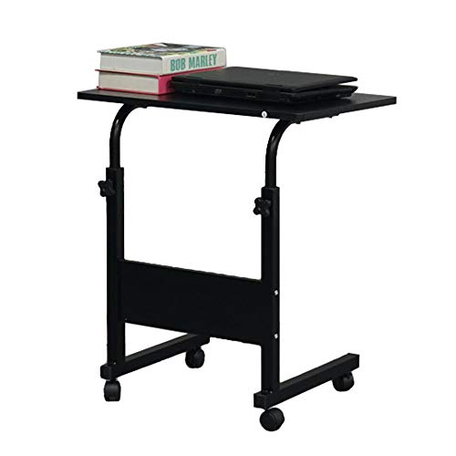 Sofa Side Table C Shaped End Table with Wheels, Rolling Bedside Laptop Table Snack Table TV Tray, Height Adjustable, Wooden Top & Metal Frame - color: Black, 23.6"