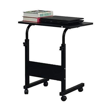 Sofa Side Table C Shaped End Table with Wheels, Rolling Bedside Laptop Table Snack Table TV Tray, Height Adjustable, Wooden Top & Metal Frame - color: Black, 23.6"