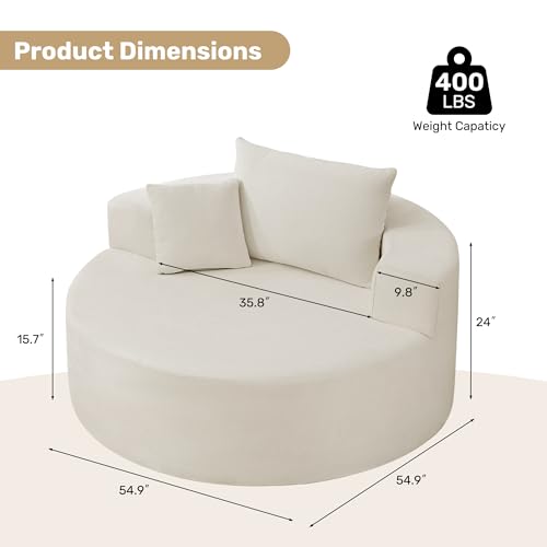 55in Round Chaise Longue Chair Indoor Modern Oversize Upholstered Deep Seat Circle Single Cloud Lounge Floor Sofa Bed with Pillow for Living Room Bedroom Apartment (Beige) - color: Beige