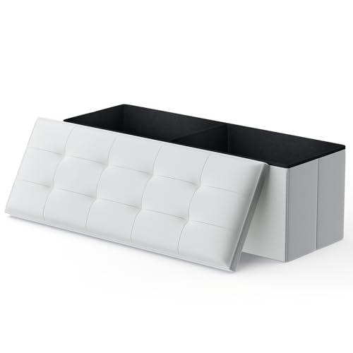 43 Inch Storage Ottoman Bench, 34 Gal. Folding Ottoman Footrest, End of Bed Bench, Rectangle Foot Stool, Supports 600 lbs, for Bedroom, Living Room, Entryway, Hallway, White - color: White, size: 15"D x 43"W x 14.5"H