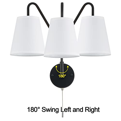 PASSICA DECOR Hardwired Wall Sconces Set of Two 2 Pack with Pull Chain ON Off Matte Black Swing Arm Lighting Modern Vintage Lamp Industrial White Fabric Wall Light for Bedroom Farmhouse Living Room - color: Black,White