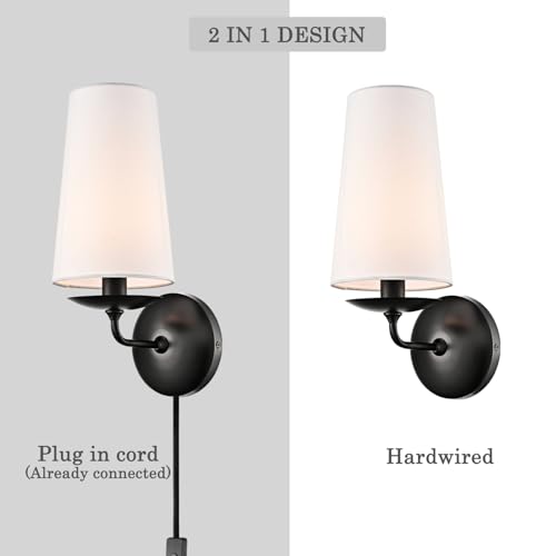 Moose Modern Black Wall Sconces Plug-in Set of Two with Fabric Shade | Industrial Black Linen with On/Off Switch Wall Lamp for Bedside, Living Room, Hallway, House Reading - color: Black, size: 2-Pack | 1-Light