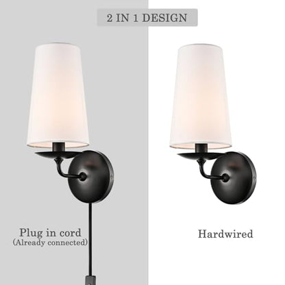 Moose Modern Black Wall Sconces Plug-in Set of Two with Fabric Shade | Industrial Black Linen with On/Off Switch Wall Lamp for Bedside, Living Room, Hallway, House Reading - color: Black, size: 2-Pack | 1-Light