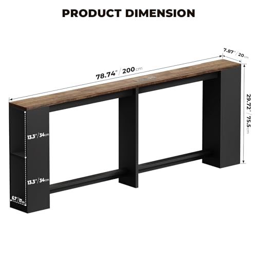 BROTTAR 79" Long Behind Couch Table with LED Lights and Power Outlet, Brown | Industrial Behind Sofa Table with Bookcase & Human Body Sensor, Skinny Console Table with Storage for Living Room