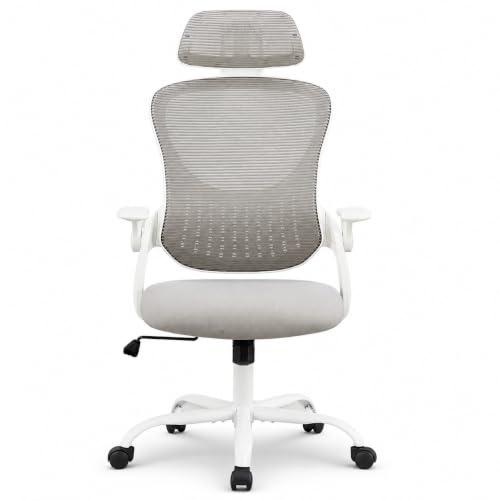Grey Ergonomic Office Chair, High Back Mesh Desk Chair with Adjustable Headrest Lumbar Support, Computer Chairs with Flip-up Armrests and Thickened Cushion for Adults Home Office, 360° Swivel - color: Grey With Headrest