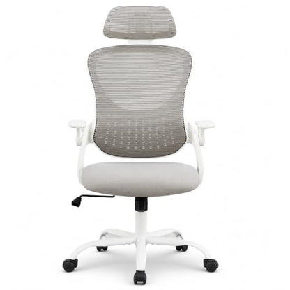 Grey Ergonomic Office Chair, High Back Mesh Desk Chair with Adjustable Headrest Lumbar Support, Computer Chairs with Flip-up Armrests and Thickened Cushion for Adults Home Office, 360° Swivel - color: Grey With Headrest