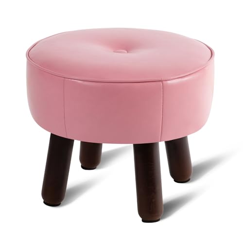 Small Foot Stool Round Pouf Ottoman, Leather Foot Rest with Rubber Legs | 13'' Leather Footrest with Non-Skid, Foolstool Ottomans for Couch, Sofa Step Stool for Living Room Bedroom Entryway, Pink - color: Pink