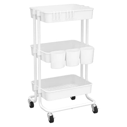 3-Tier Rolling Storage Organizer with 3 Small Baskets - Mobile Utility Cart with Caster Wheels (White)