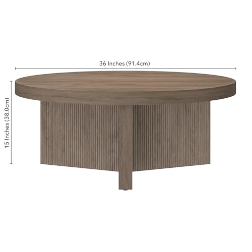 Henn&Hart 36" Scandinavian Fluted Coffee Table, Weathered Gray | Ribbed pedestal base and low profile bring Scandinavian style to small spaces including living rooms or family rooms - color: Weathered Gray, size: 36 inches