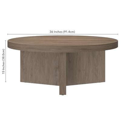 Henn&Hart 36" Scandinavian Fluted Coffee Table, Weathered Gray | Ribbed pedestal base and low profile bring Scandinavian style to small spaces including living rooms or family rooms - color: Weathered Gray, size: 36 inches